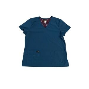 Koi Basics Becca V-Neck Scrub Top Teal Floral Trim  Large